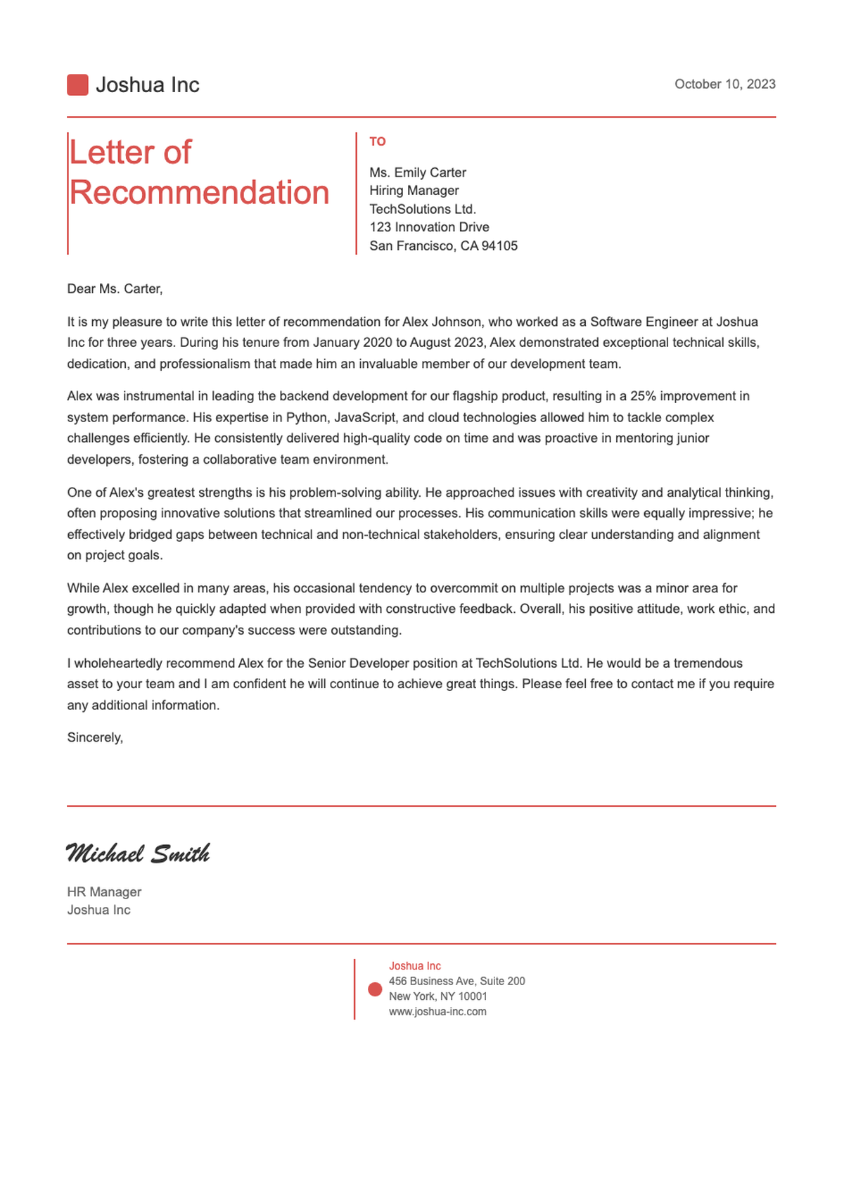 Professional letter of recommendation for Mary Thompson from Joshua Inc with contact details and_variant_2